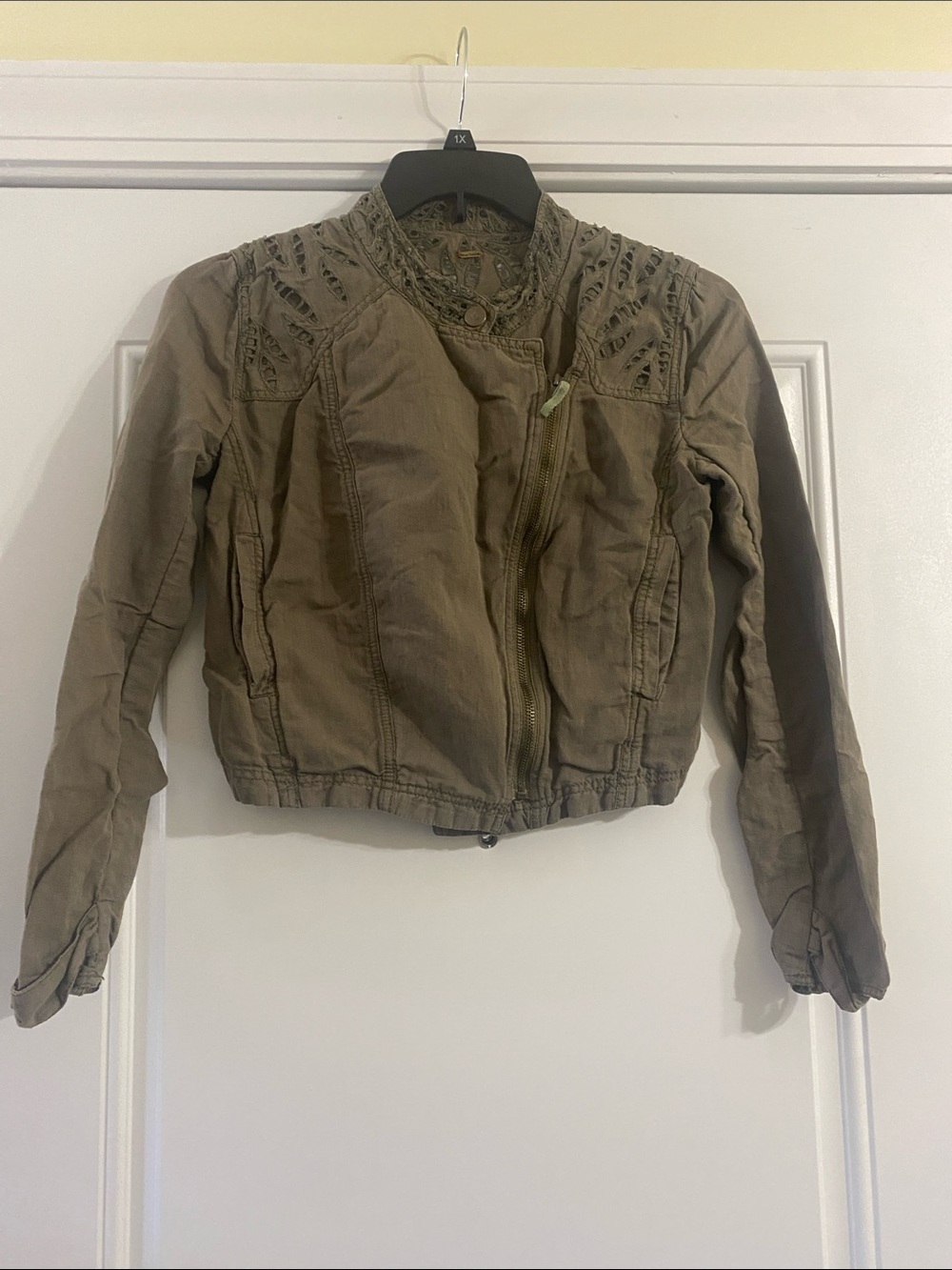 Free People Olive Green Cropped Lace-Panel Utility Jacket
